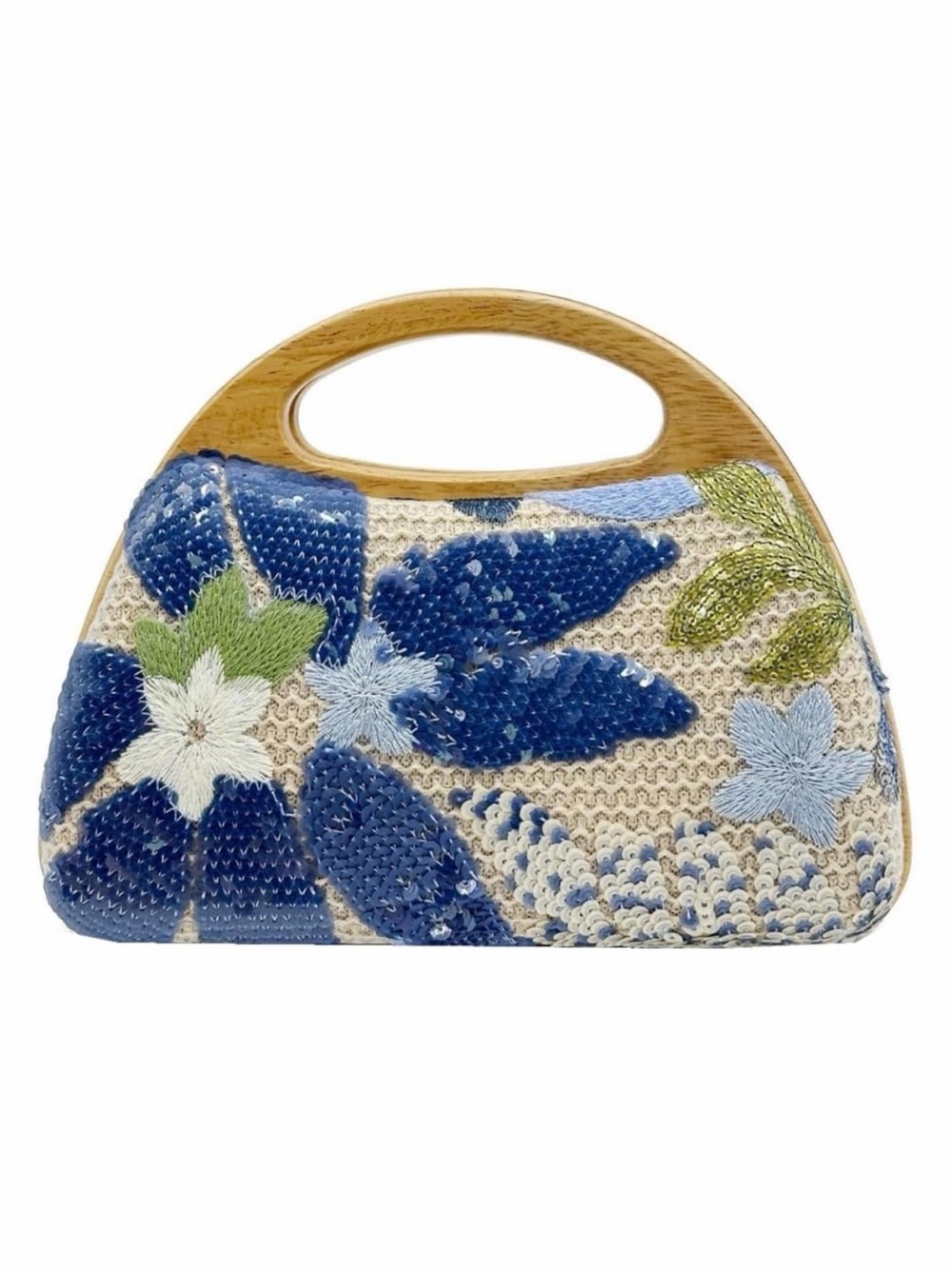 SUMMERTIME MUST! Blue Floral Sequin Handbag with Wooden Handle